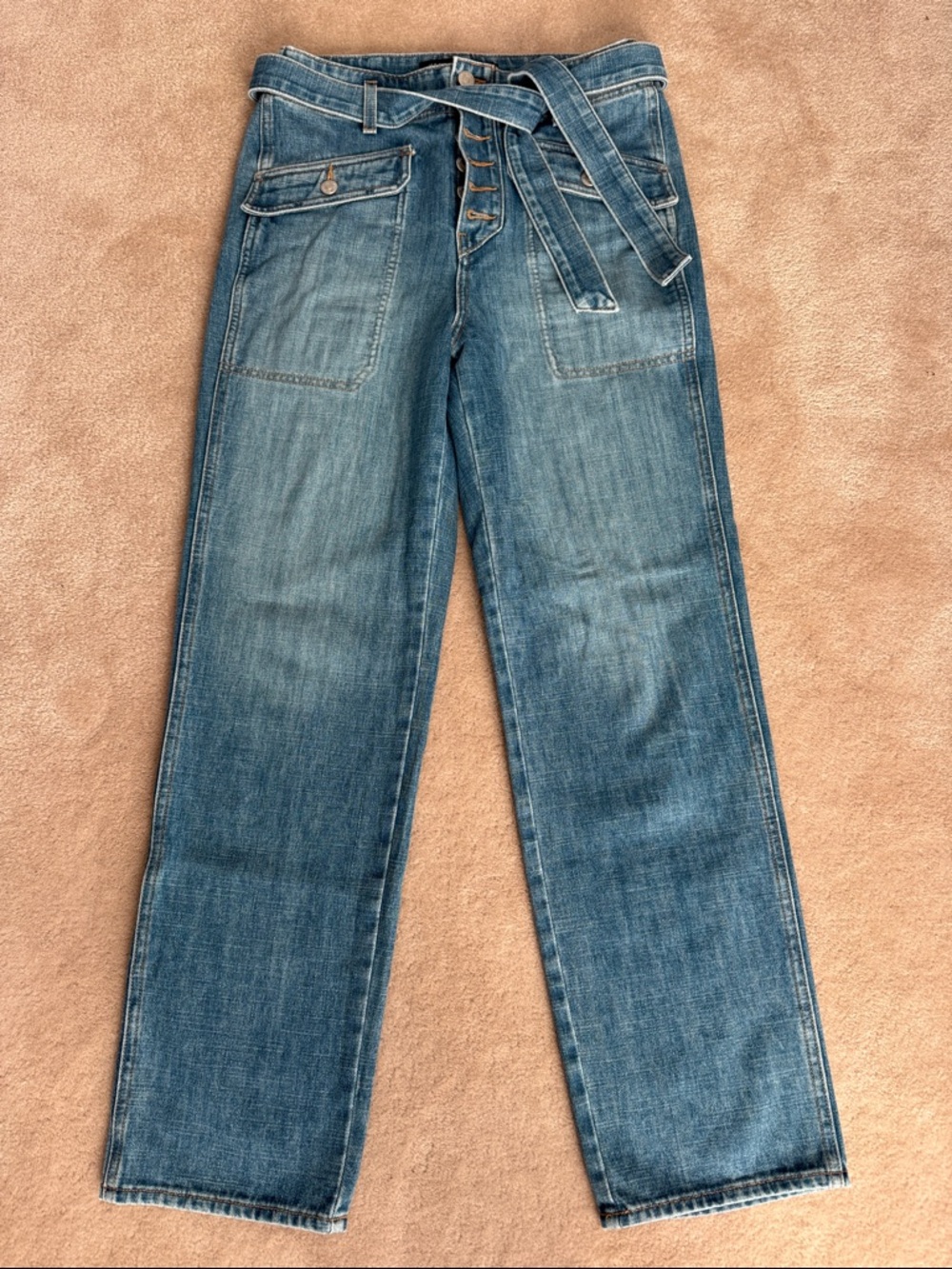 Veronica Beard Blue Straight-Leg Jeans with Waist Tie